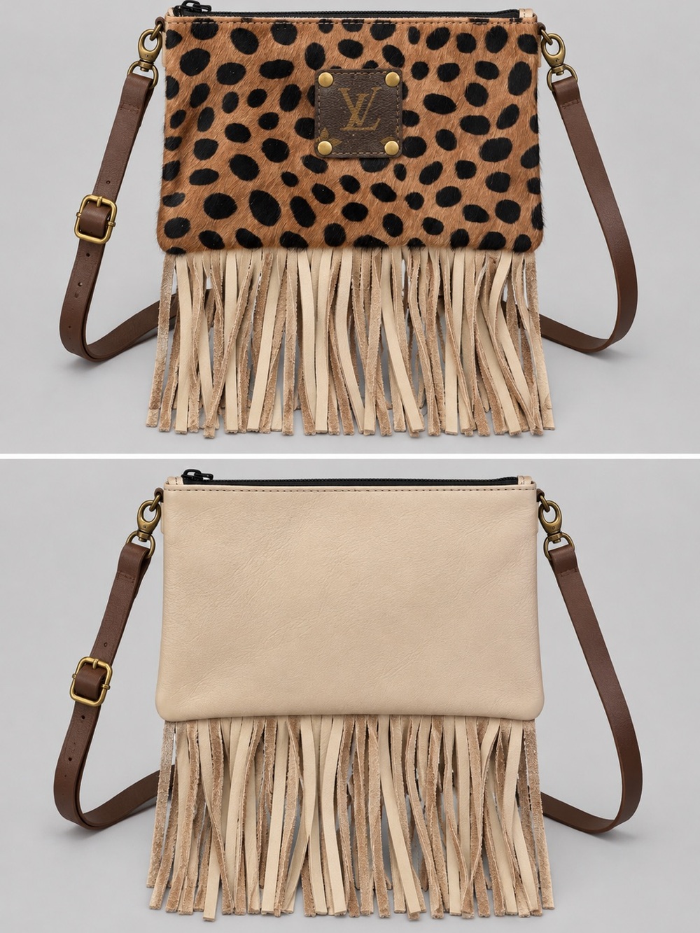 Cowhide Leopard Print Fringe Crossbody Bag – Western Cowgirl Purse